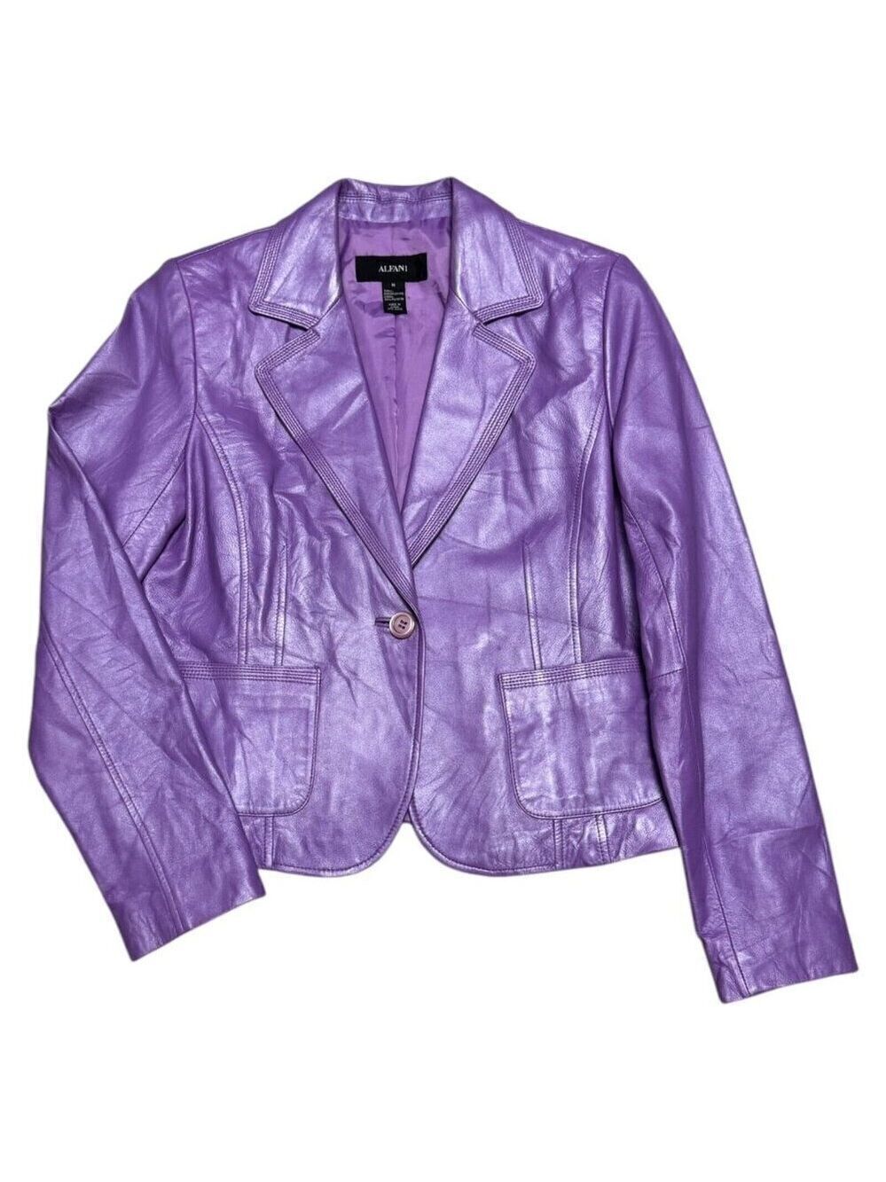 ALFANI GENUINE LEATHER Luxury Designer Purple Casual Jacket Coat Womens Medium